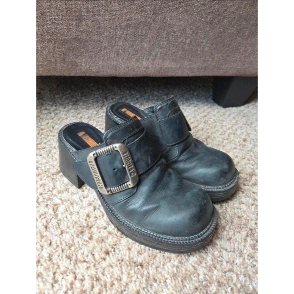 Vintage Harley Davidson chunky buckle mules heels shoes